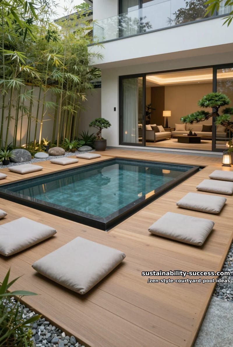 modern pool paired with a minimalist teak patio and meditation cushions 1