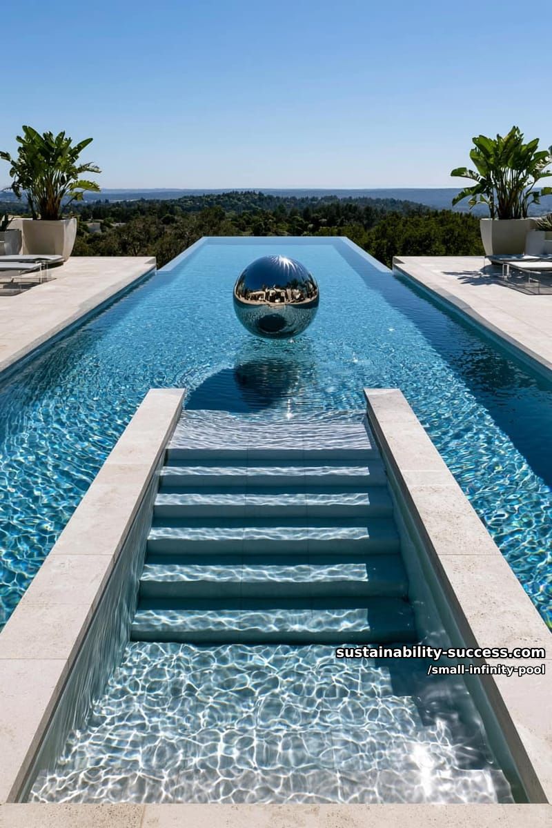 modern rectangular pool with underwater steps and sculptural orb centerpiece 1