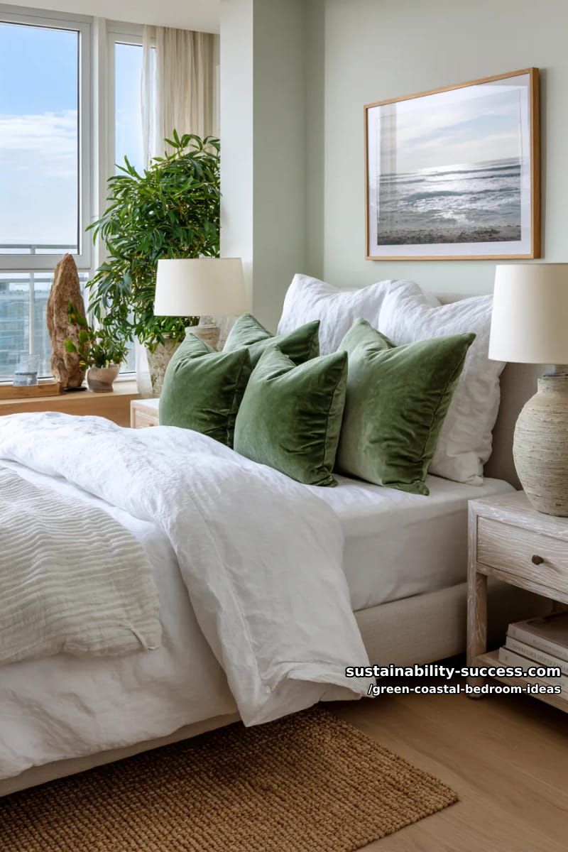 mossy green velvet throw pillows on crisp linen bedding 1