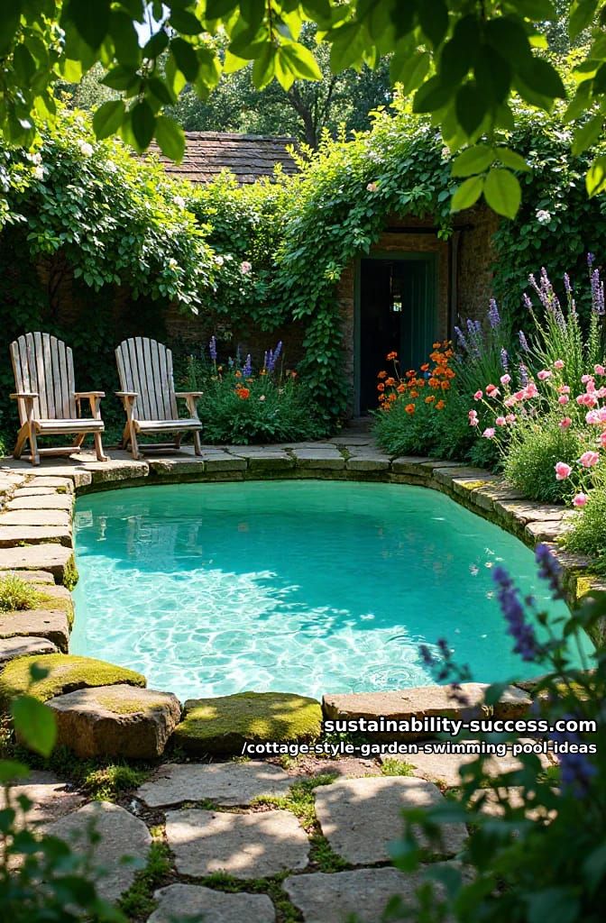 mossy stone-edged pool with overflowing wildflower borders and vintage wooden deck chairs 1