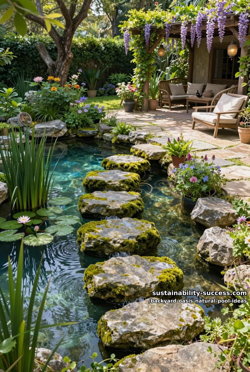mossy stone steps leading into crystal-clear pond with water lilies and reeds 1