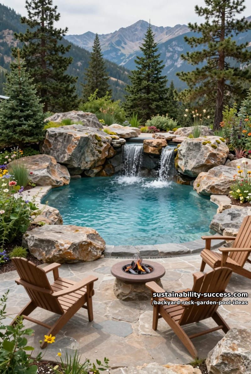 mountain-inspired pool oasis with rugged rock terraces and evergreen shrubs 1