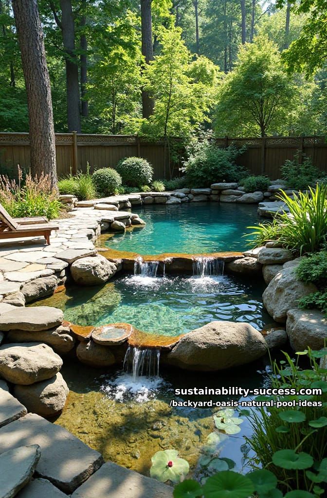 multi-level natural pool with gentle stream and native aquatic plants 1