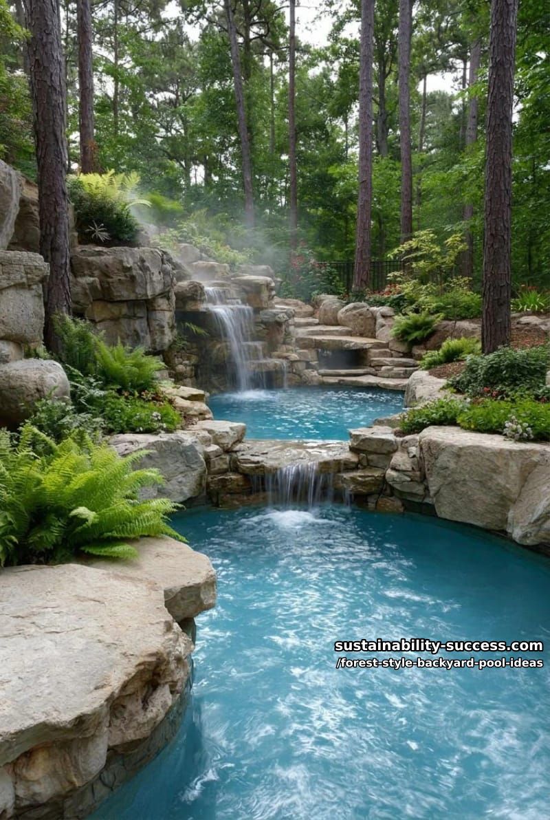multi-tiered pool with waterfall grotto beneath twisting forest branches 1