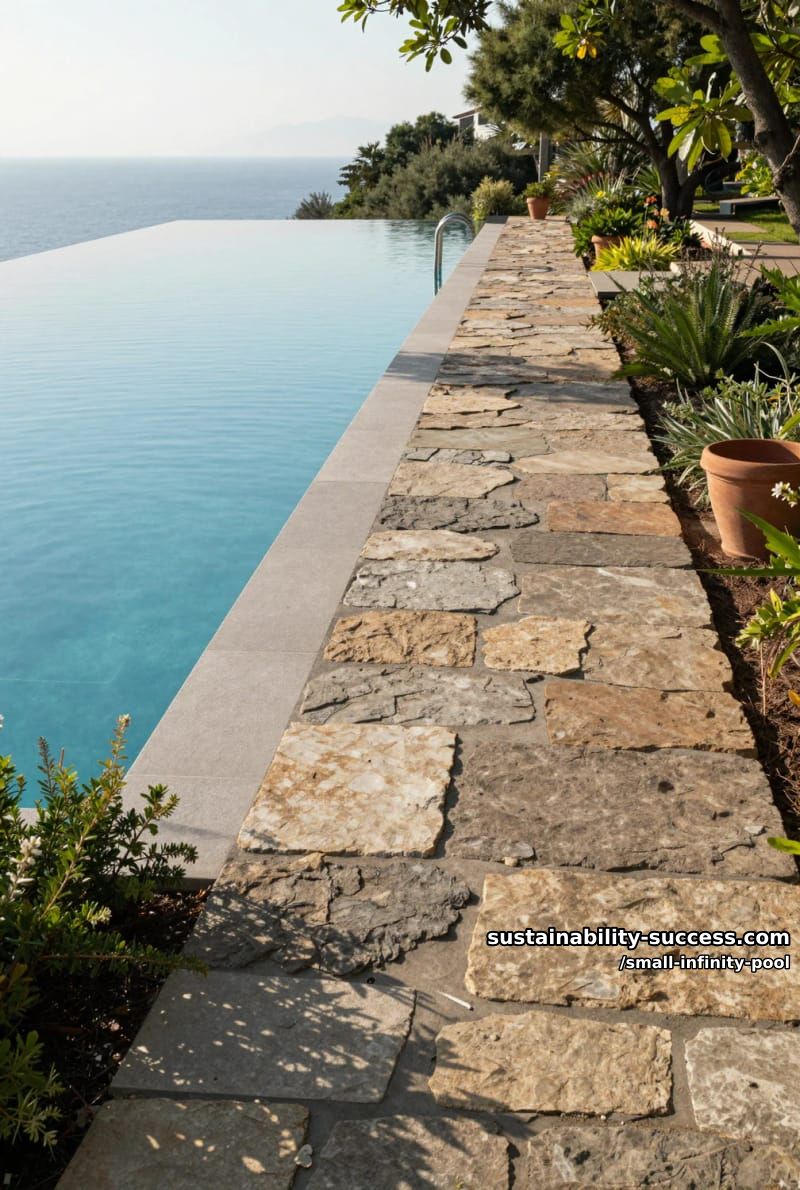 narrow lap pool with infinity edge running parallel to a rustic stone pathway 1