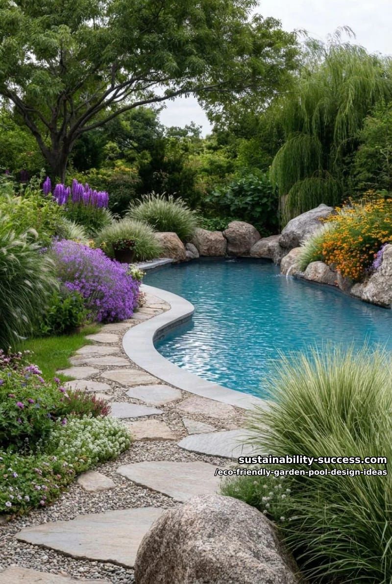 native grass and pollinator gardens framing a curvy swimming pool oasis 1