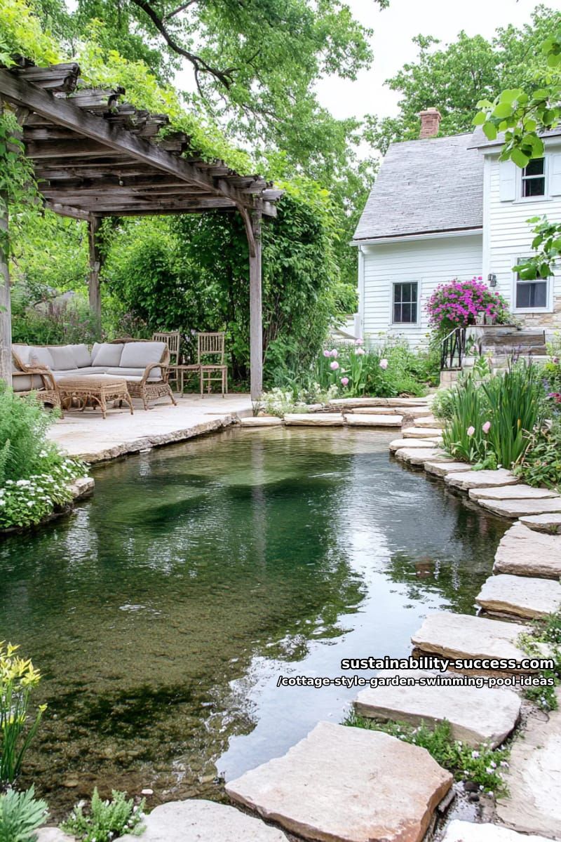 natural pond-style swimming pool with stepping stones and lush green foliage 1