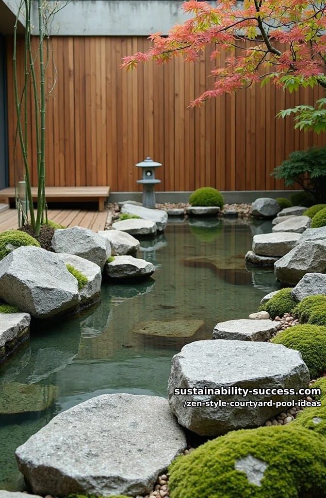 natural rock-edged pool surrounded by mossy landscaping and pebbles 1