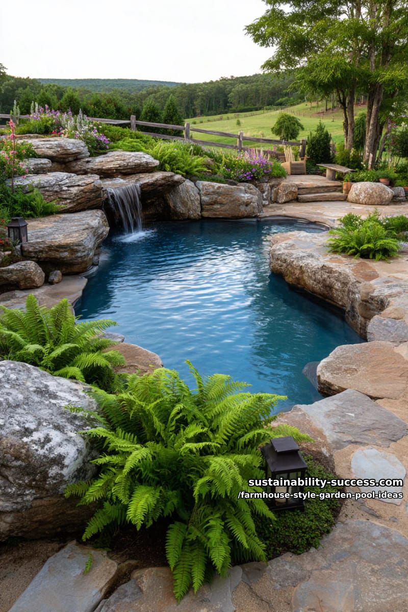 natural rock-edged swimming pool with waterfall feature and ferns 1