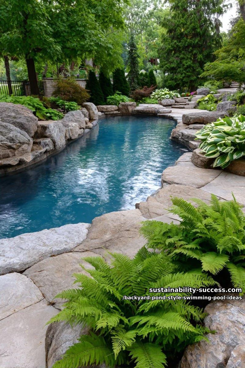 natural stone-edged swimming pool with lush fern and hosta plant borders 1