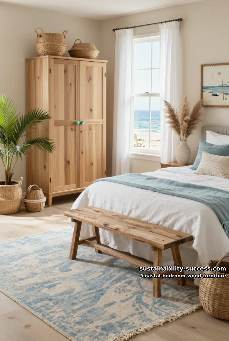 natural wood wardrobe with sea glass knobs, surrounded by sandy beige walls 1