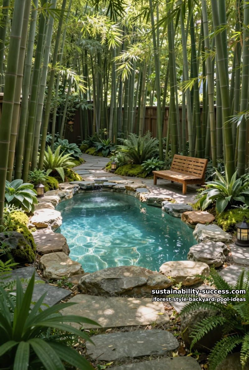 naturalistic plunge pool encircled by bamboo and lush understory plants 1