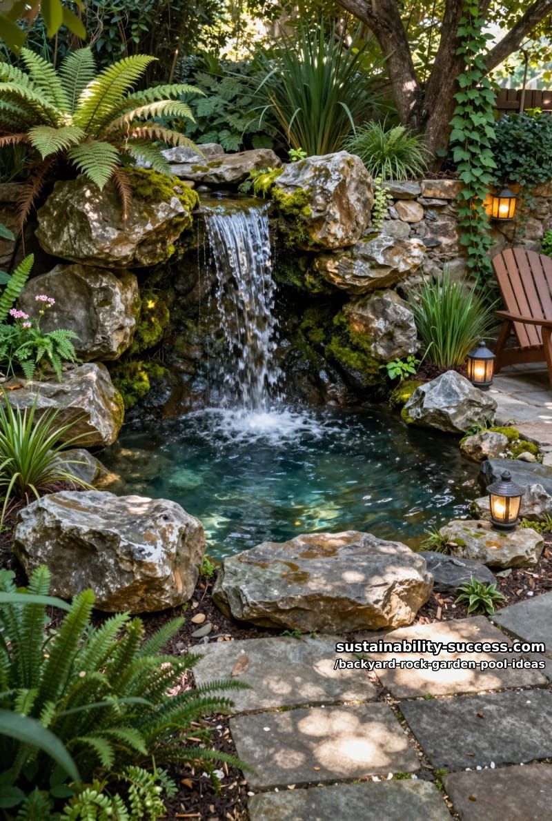 naturalistic waterfall cascading over stacked boulders into a hidden grotto pool 1