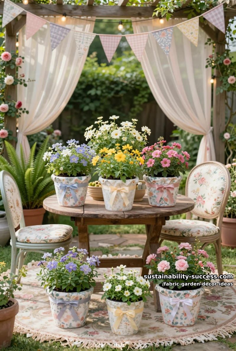 no-sew flower pots wrapped in pastel patterned cloth and ribbons 1