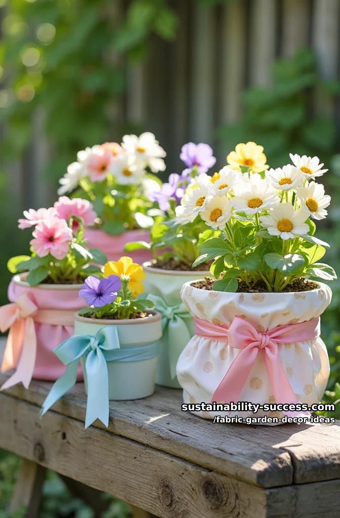 no-sew flower pots wrapped in pastel patterned cloth and ribbons 1