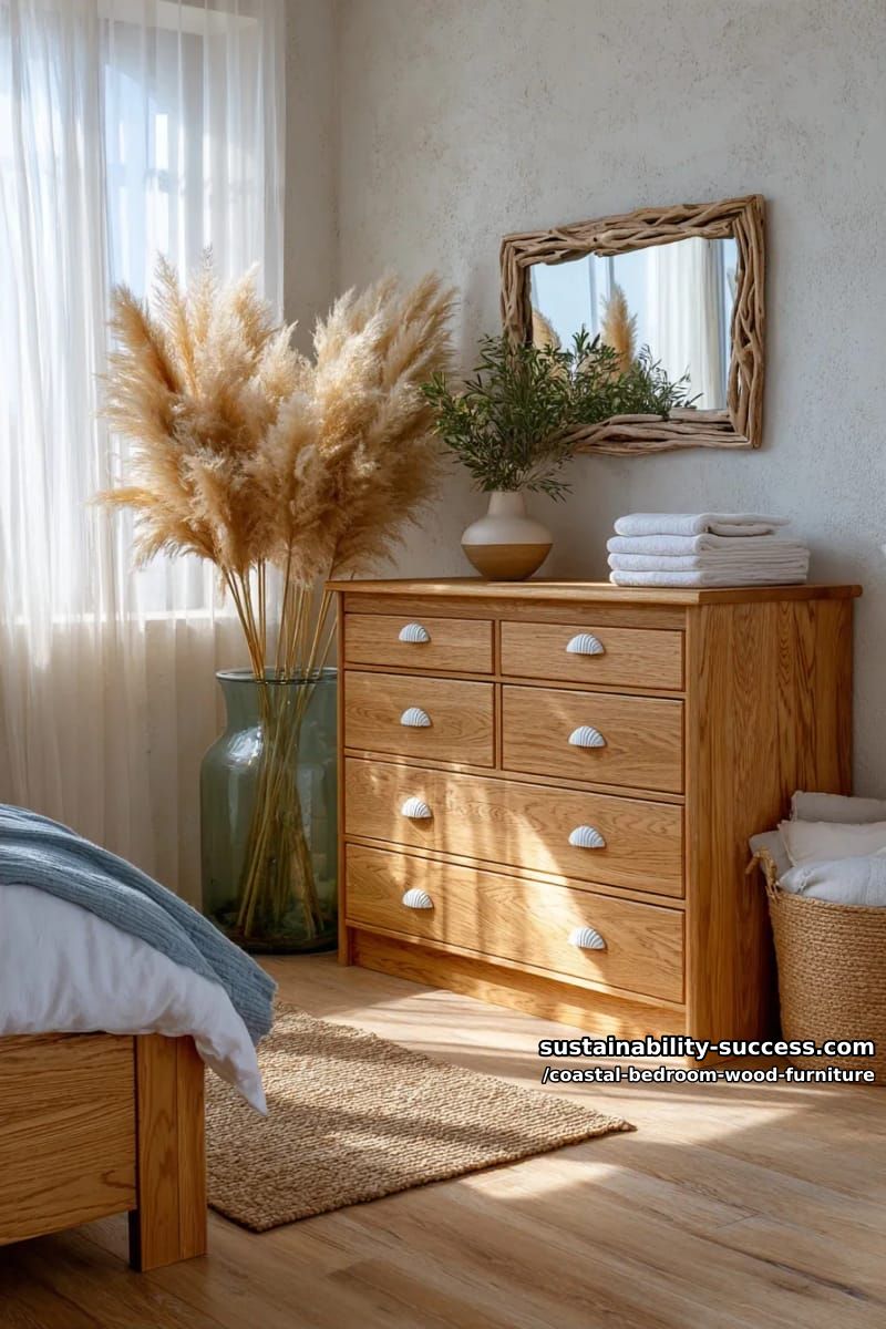 oak dresser with seashell drawer pulls and pampas grass accent 1