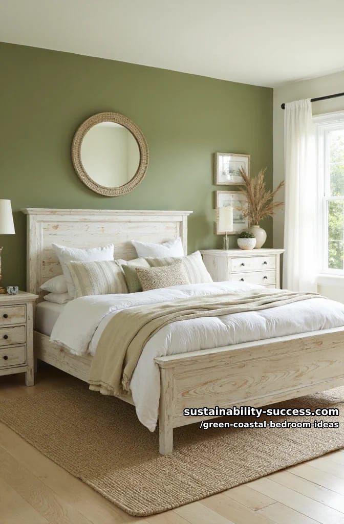 olive green accent wall with coastal whitewashed furniture 1