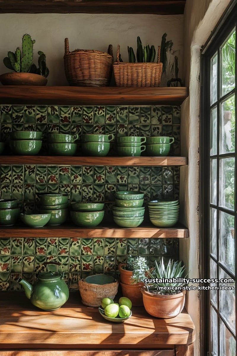 open shelves of green-glaze atzompa pottery 1