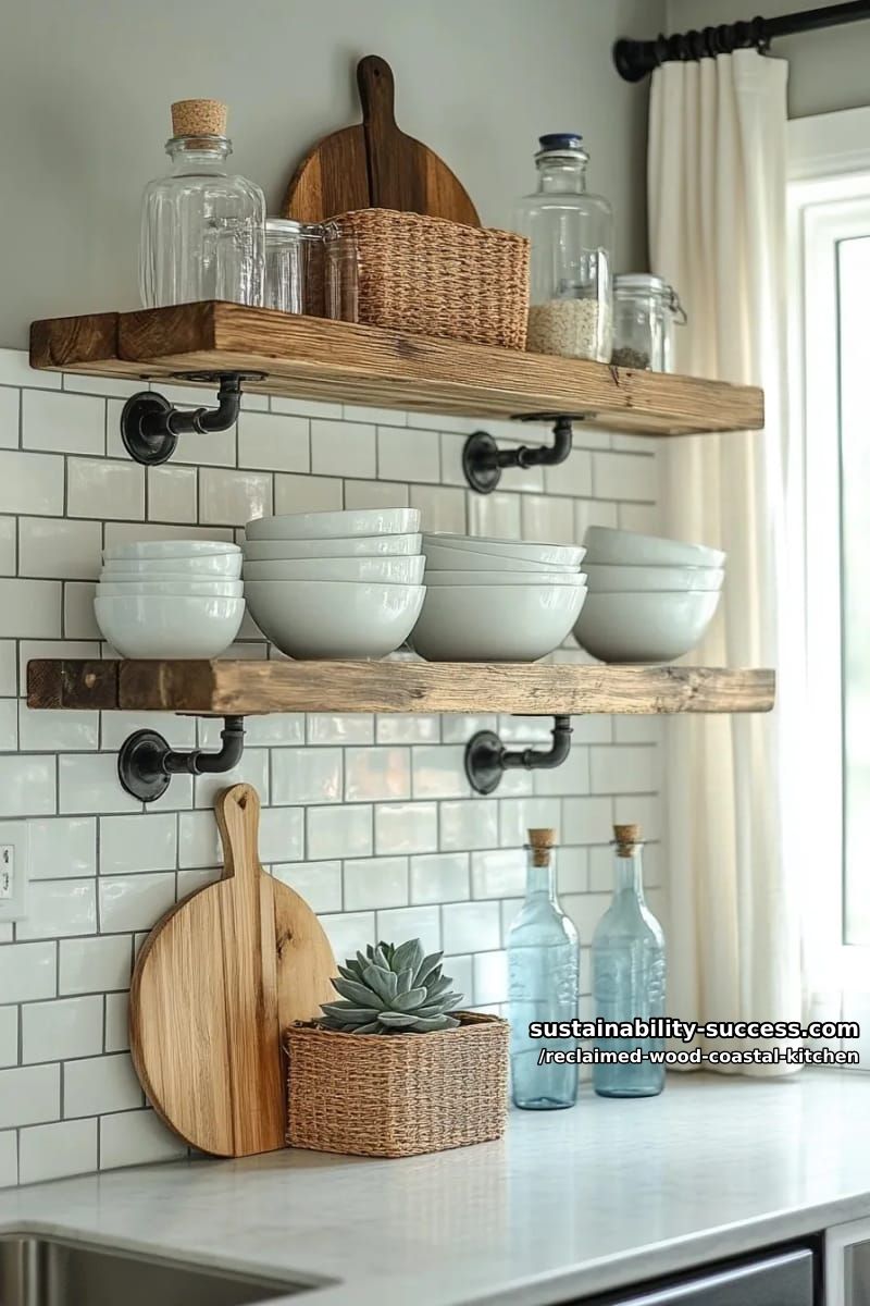open shelving from reclaimed barn pine on iron pipe brackets 1