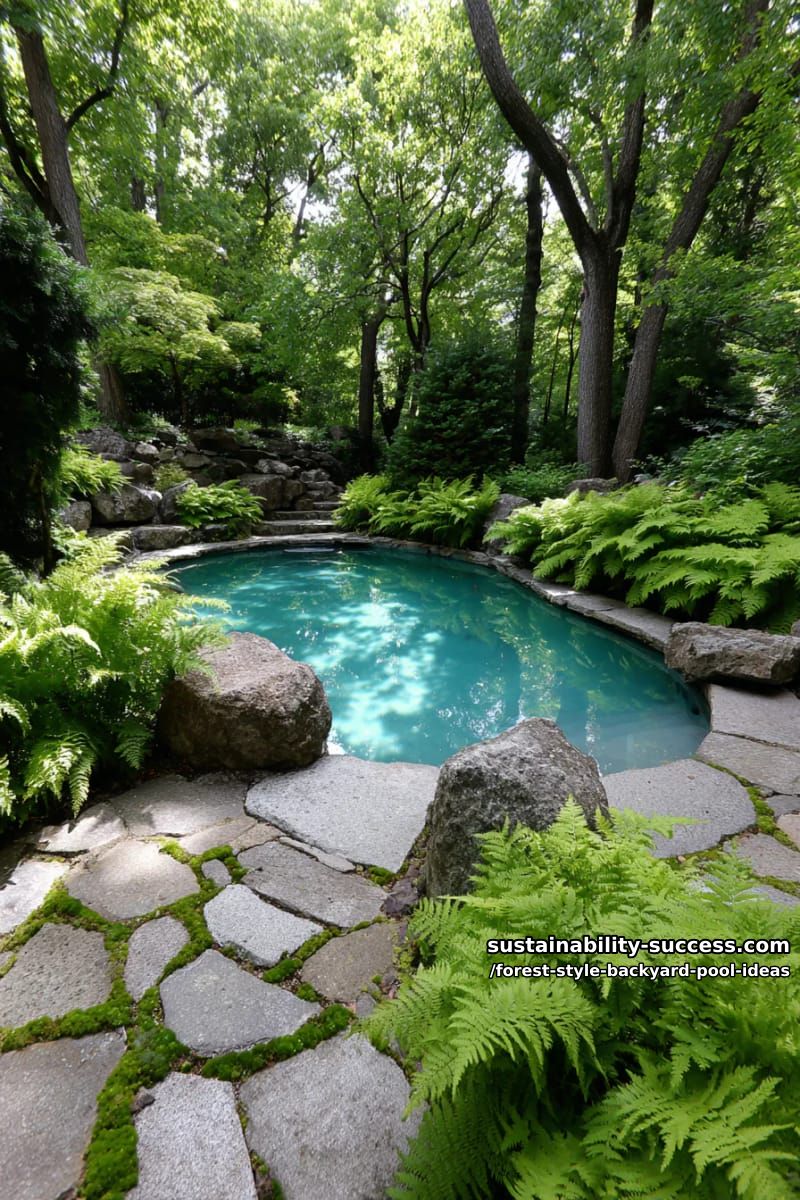 organic-shaped pool bordered by tree trunks and thick ferns 1