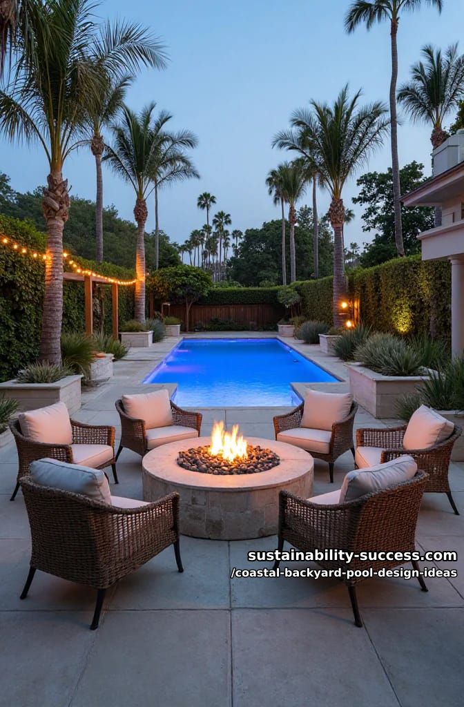 outdoor fire pit circle surrounded by rattan chairs and blue pool lights 1