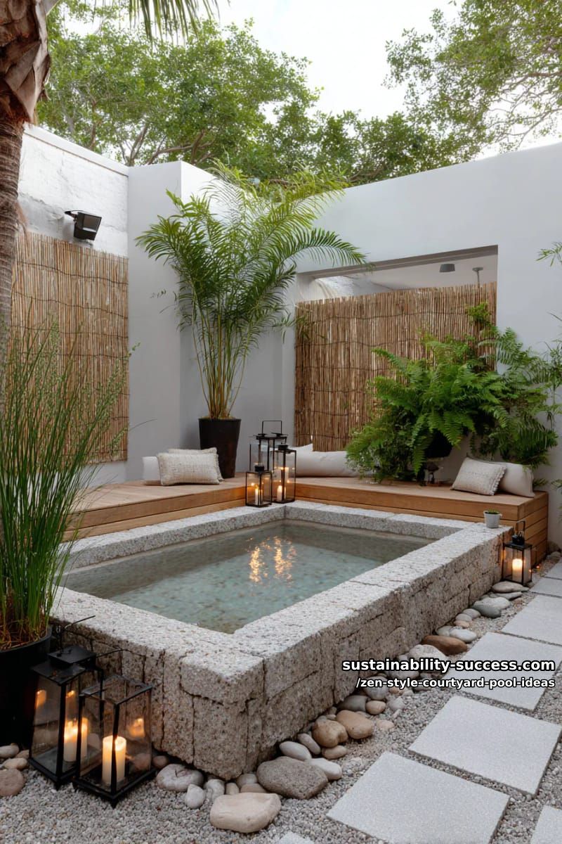 outdoor soaking tub with woven privacy screens and candle lanterns 1
