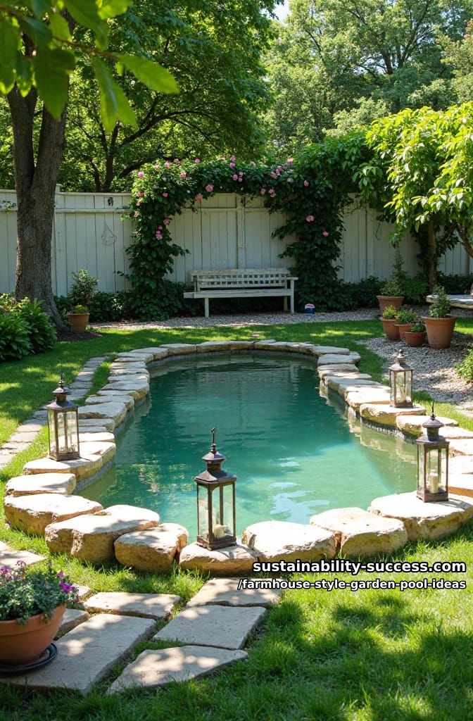 oval garden pool with submerged stone seating and vintage lanterns 1