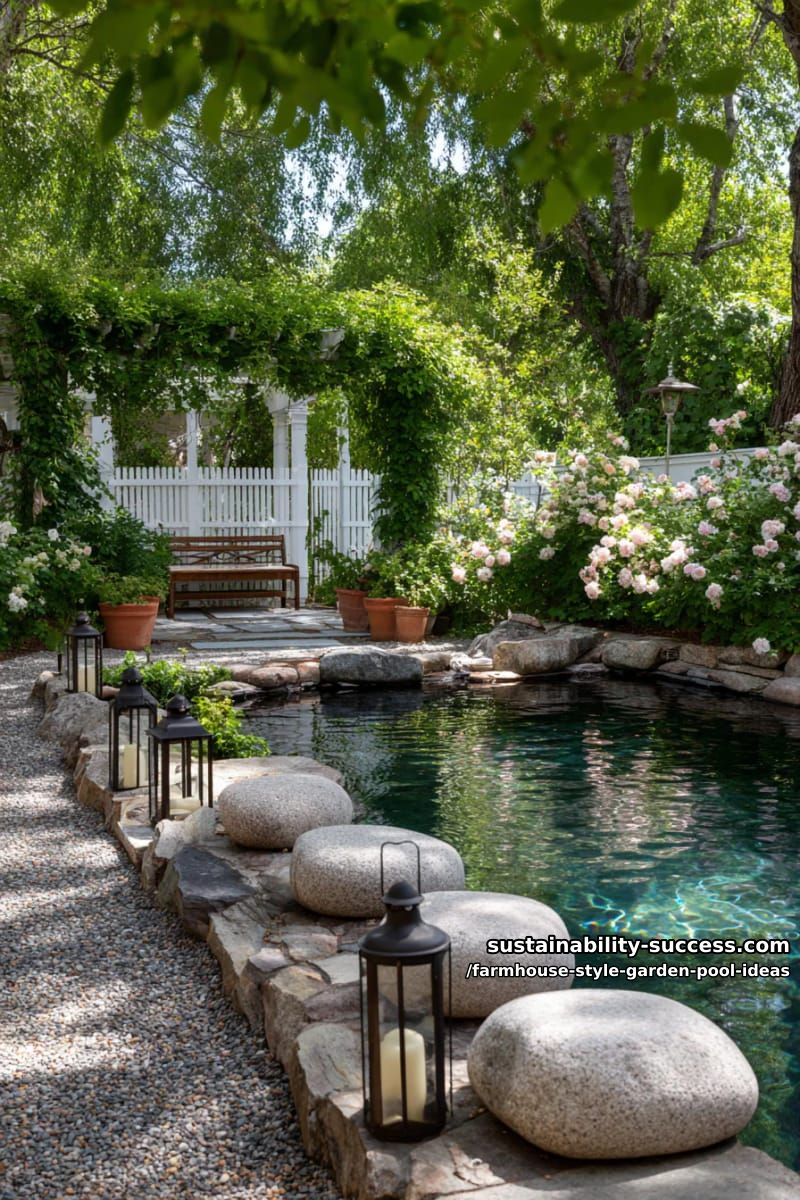 oval garden pool with submerged stone seating and vintage lanterns 1