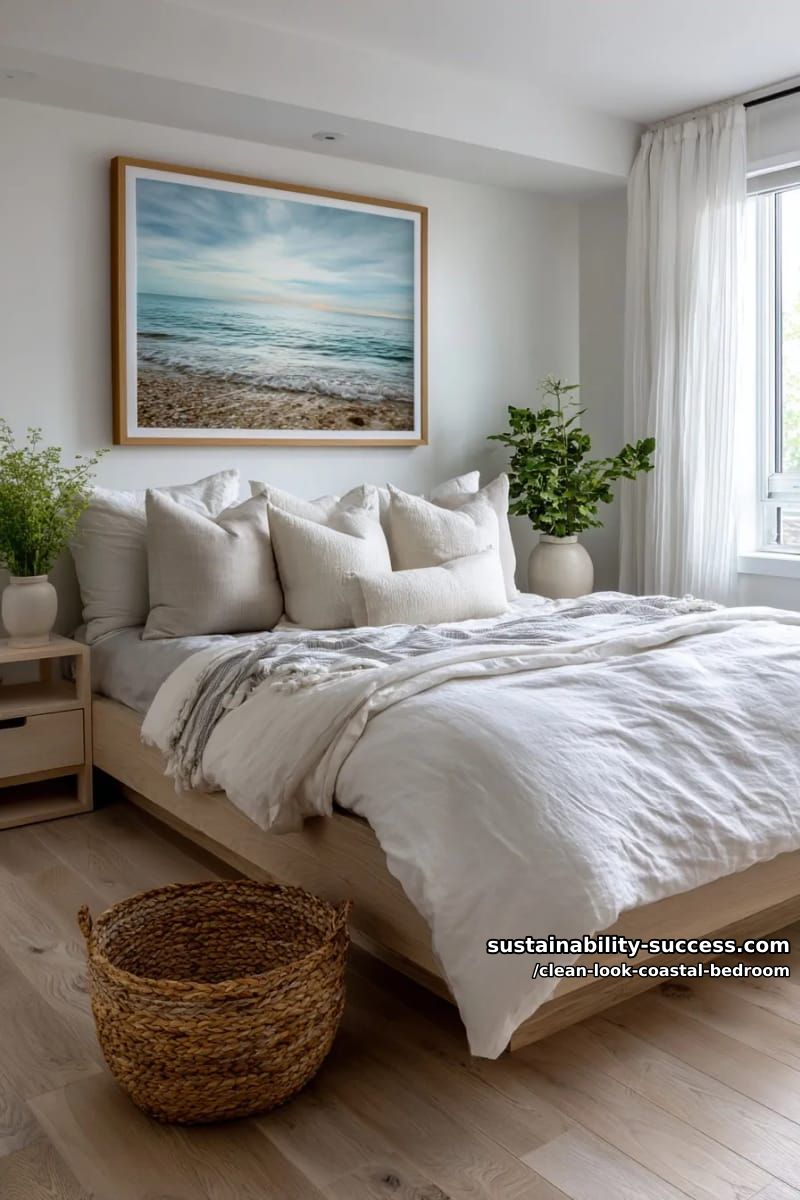 15 Clean Coastal Bedroom Ideas for a Serene Retreat 6 oversized coastal landscape above bed, crisp linens, and pale wood flooring 1