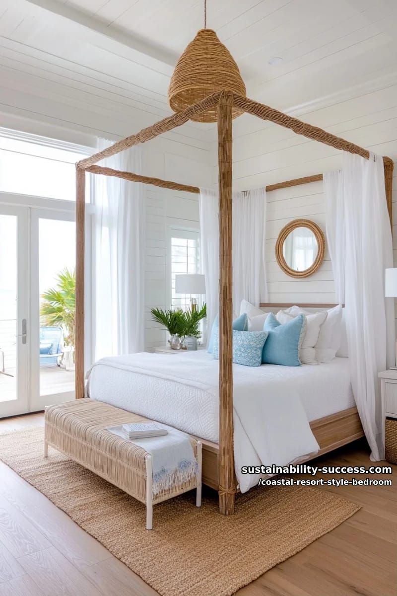 oversized rattan pendant light above a driftwood four-poster bed. 1