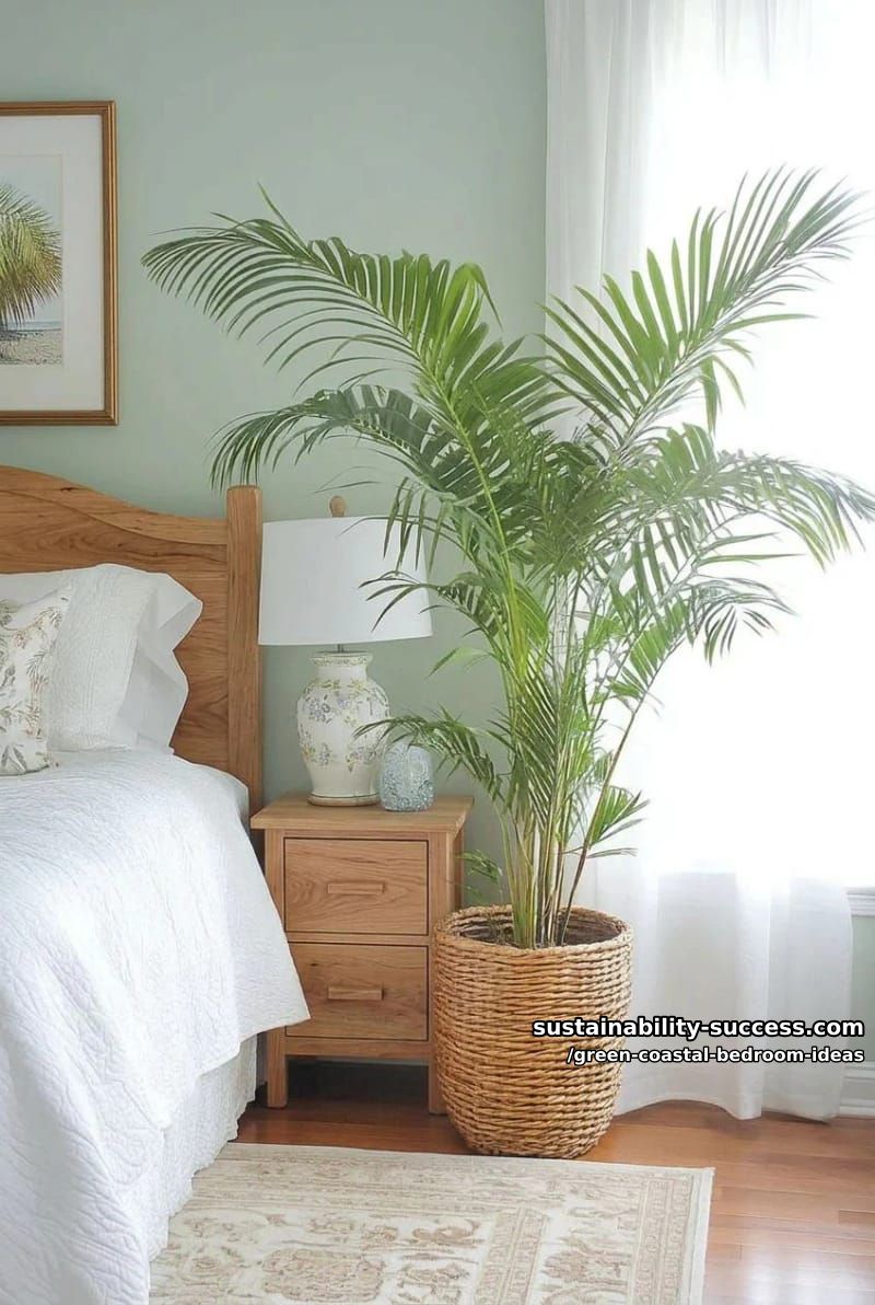 pale celadon walls, oversized palm plant, and natural wood headboard 1