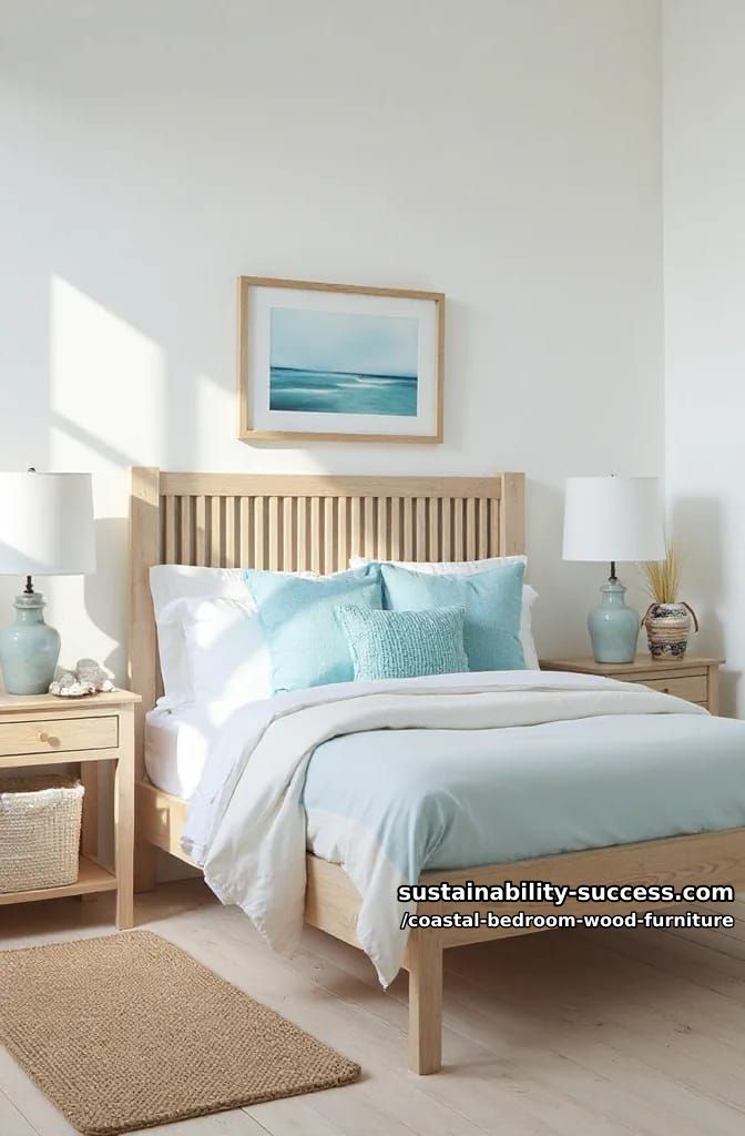 pale oak slatted headboard with aquatic blue accent pillows 1