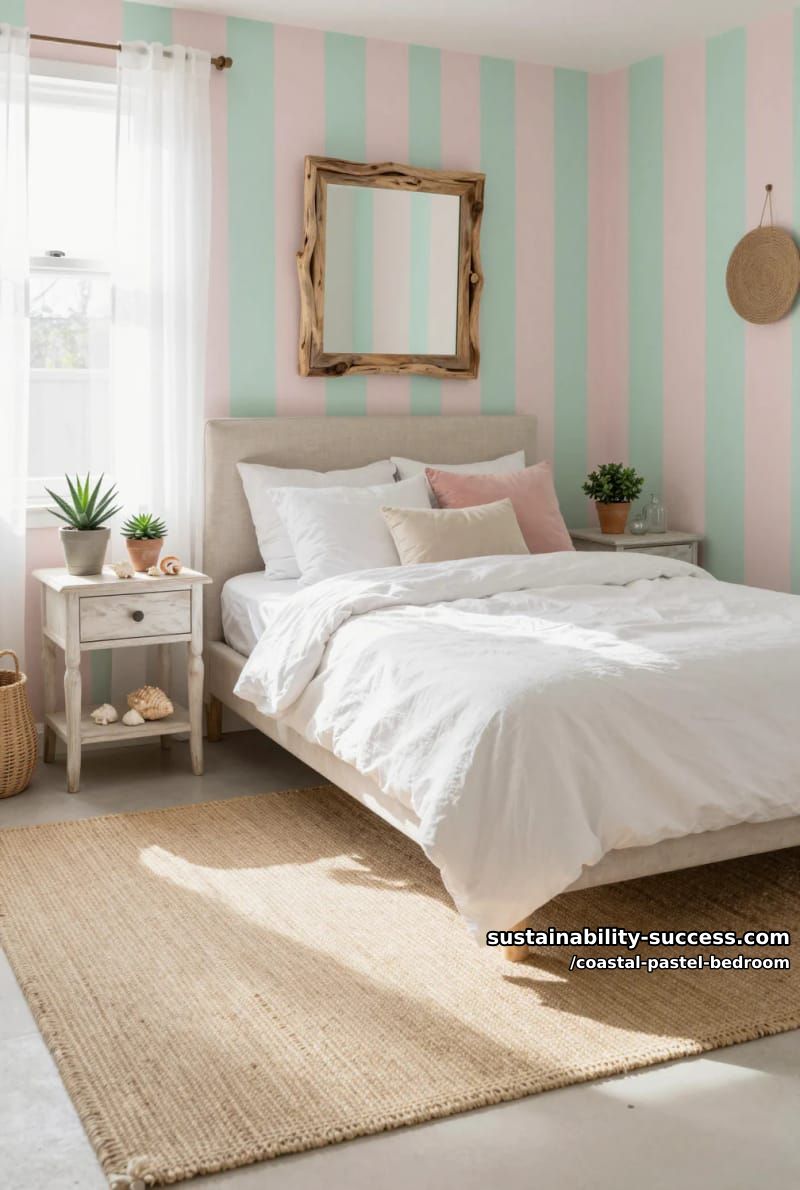 pale pink and seafoam green wall stripes with whitewashed side tables 1