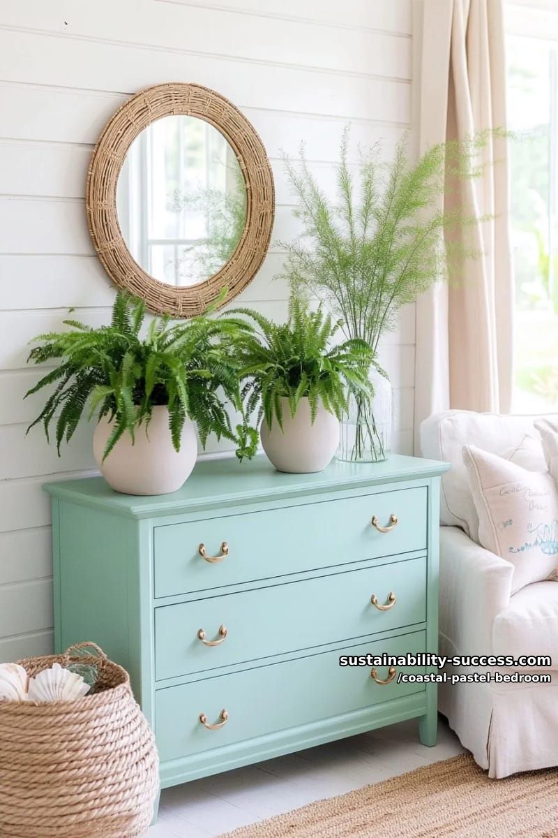 pale turquoise dresser with brushed gold hardware and potted ferns 1