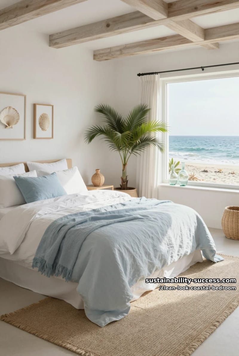 15 Clean Coastal Bedroom Ideas for a Serene Retreat 15 pale wood ceiling beams, breezy linen bedding, sandy textured throw rug 1