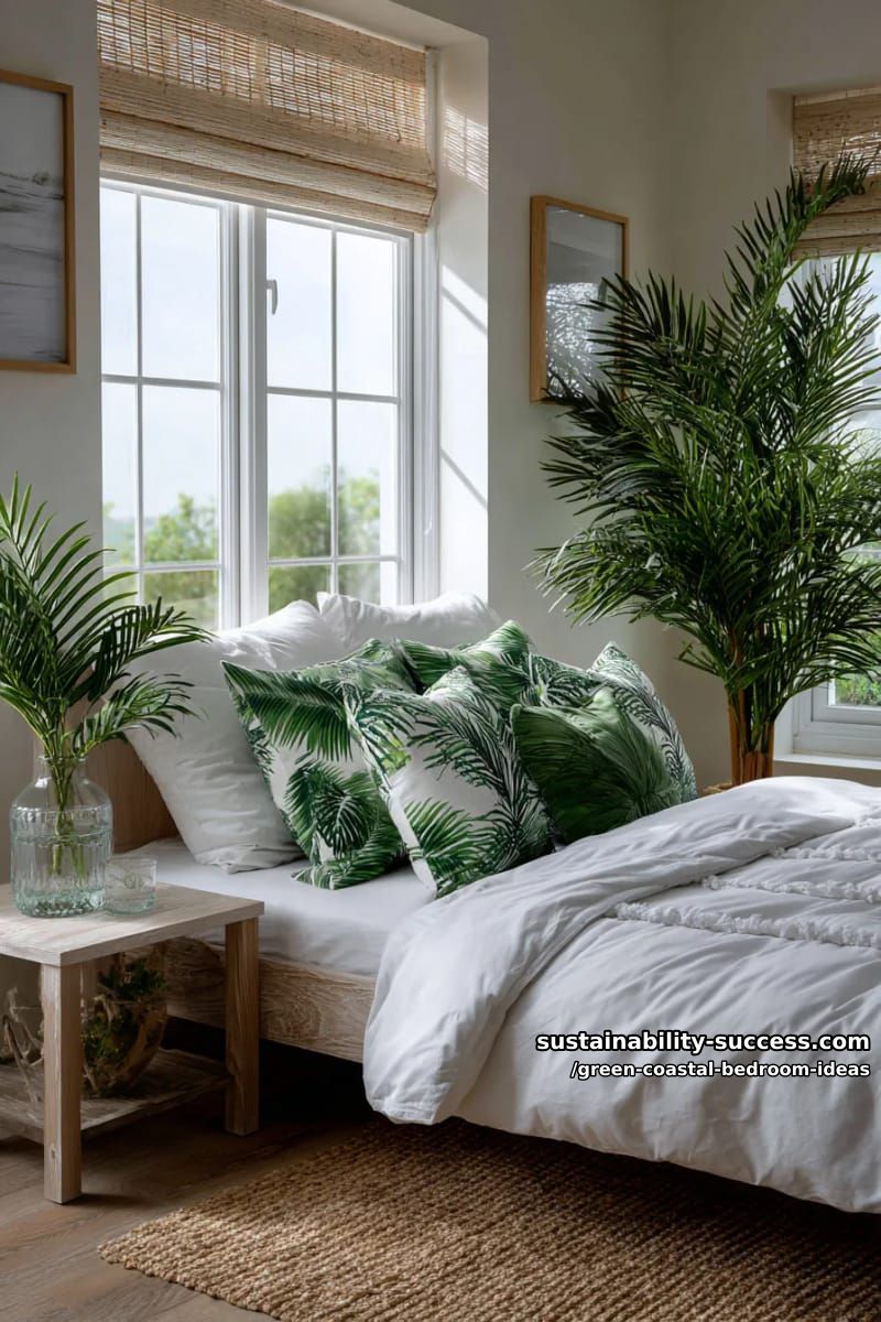 palm print pillows and light bamboo blinds for breezy vibes 1