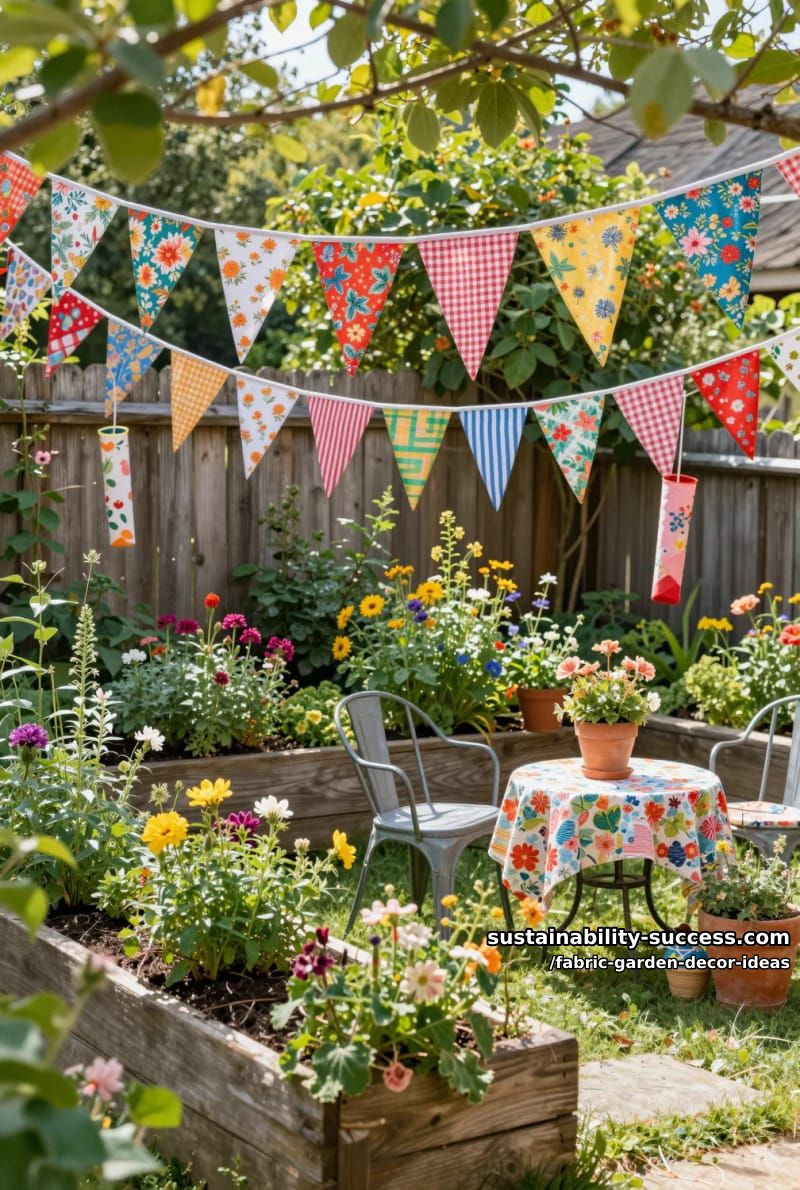 patchwork pennant flags strung along fences for a burst of color 1