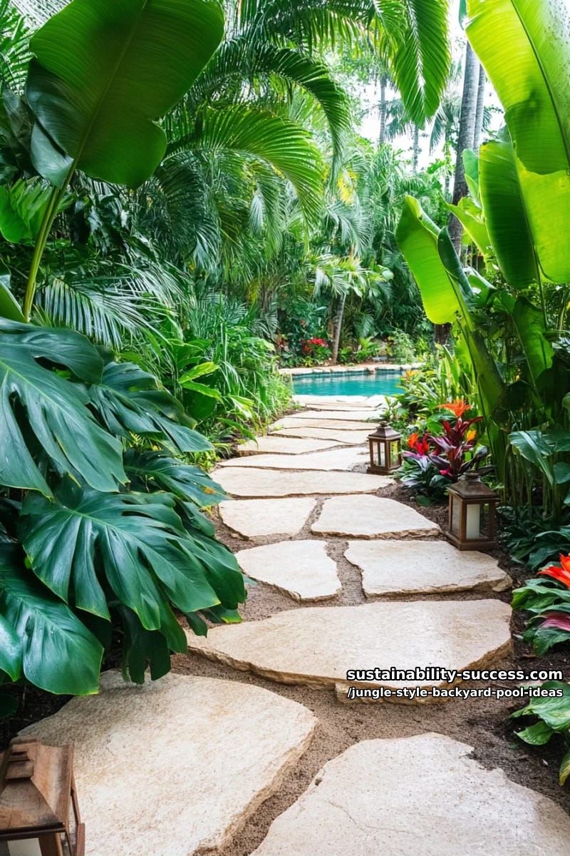 pathways of stepping stones through jungle landscaping to pool 1