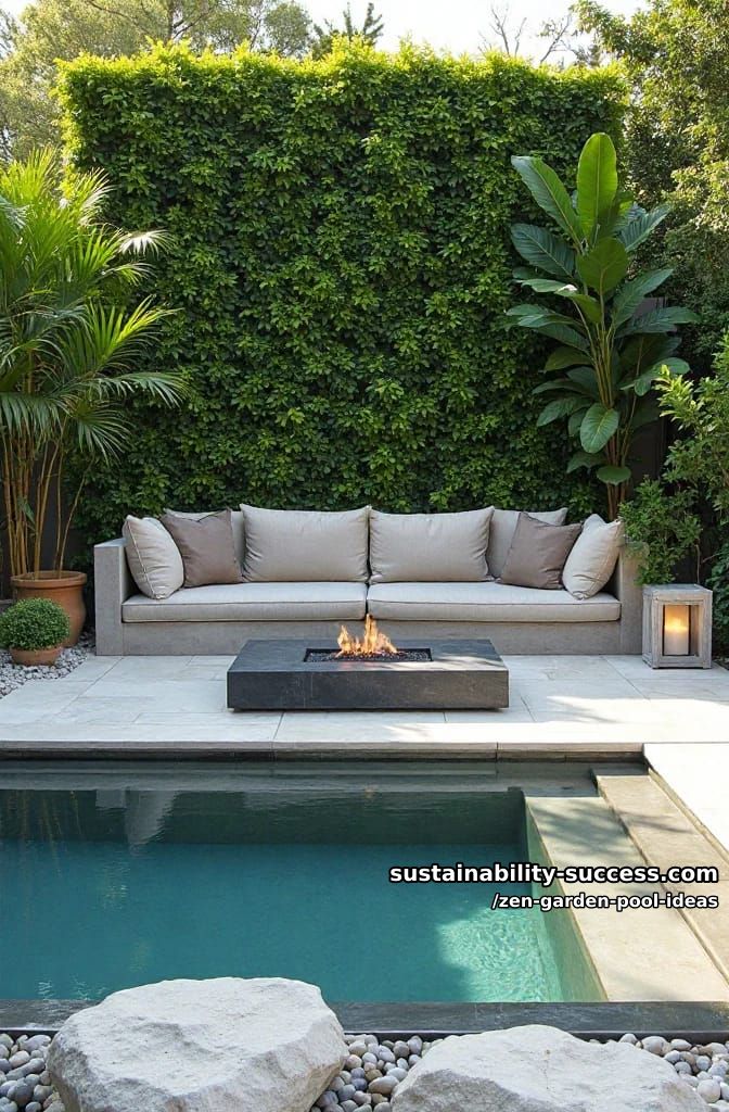 patio pool design with sunken seating and vertical green wall backdrop 1