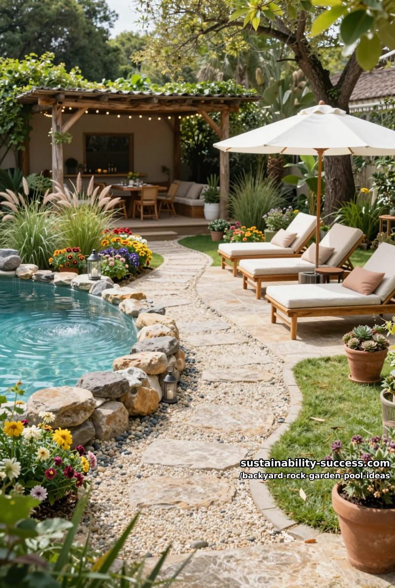 pebbled poolside path winding through flowering perennials and ornamental grasses 1
