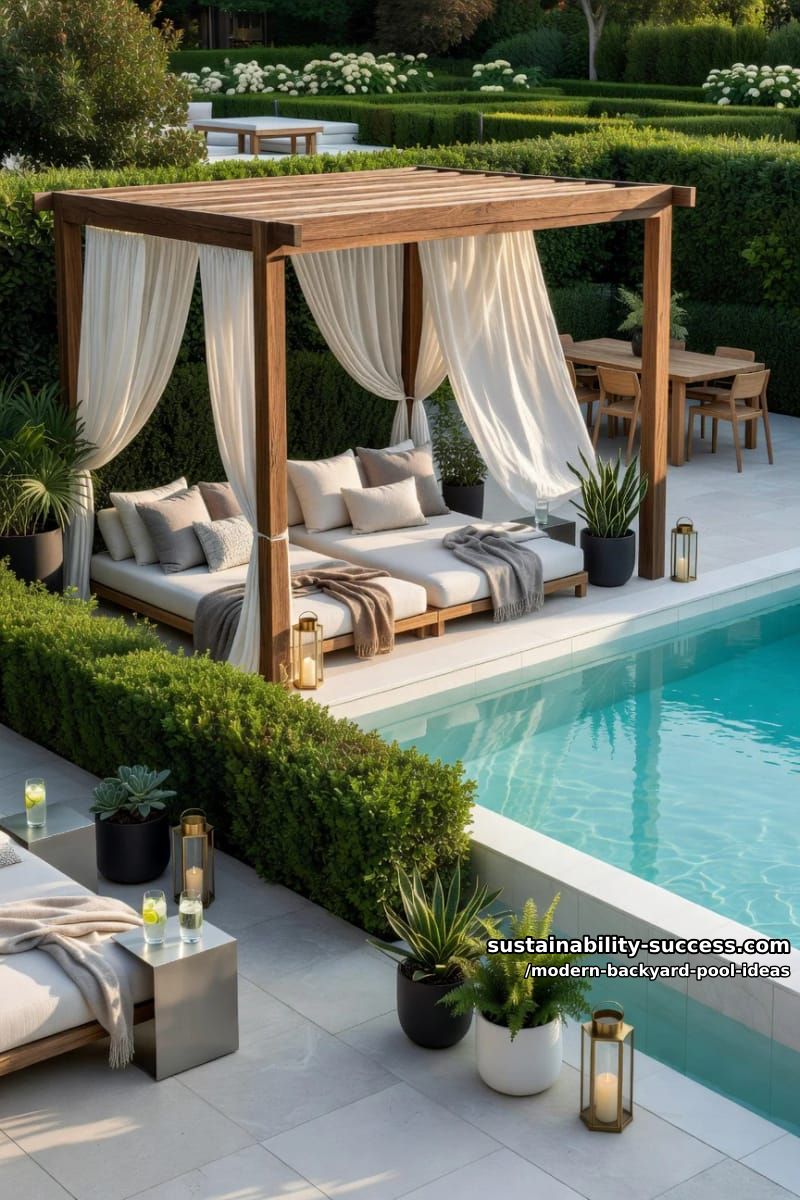 pergola-shaded daybeds alongside modern pool with privacy hedges 1