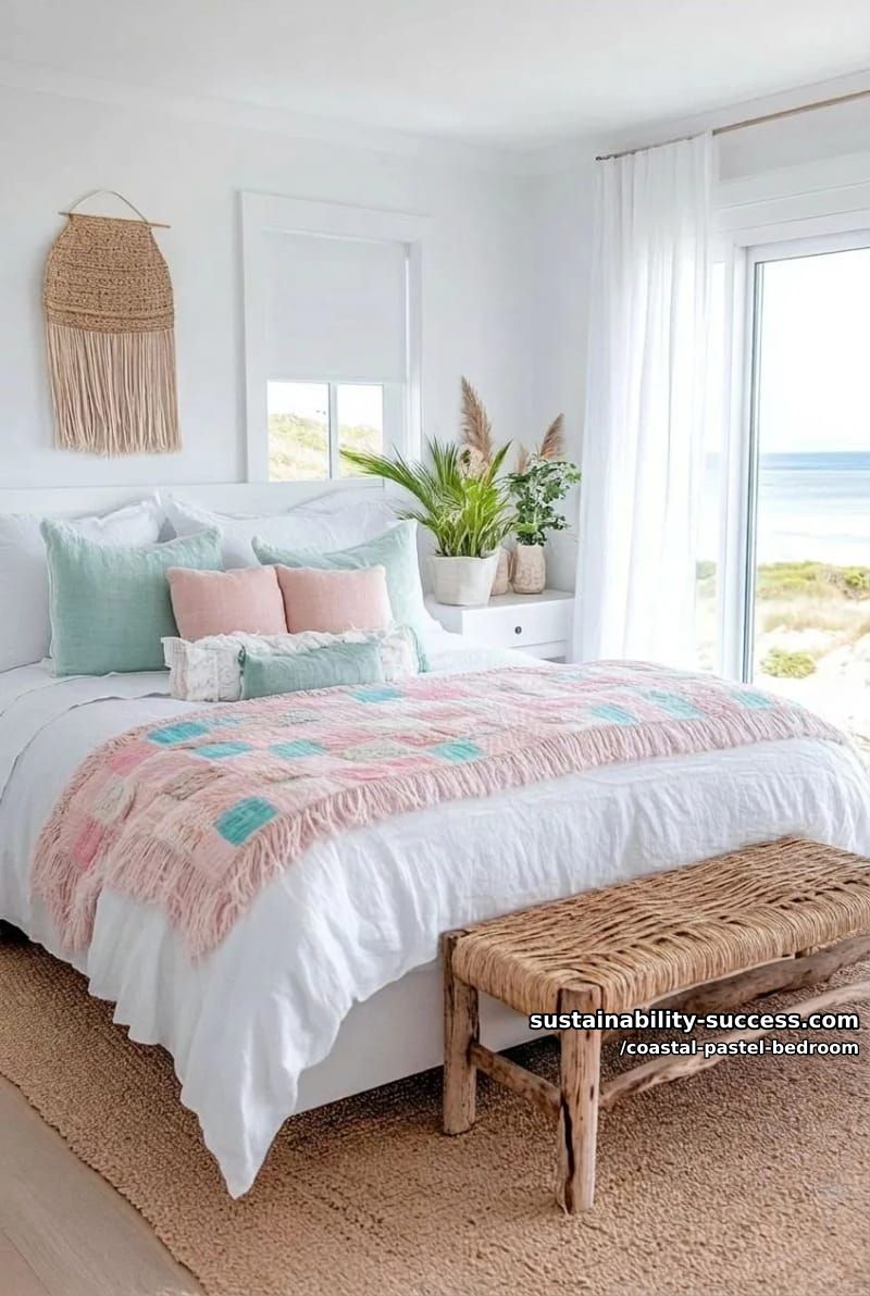 pink and blue patchwork quilt paired with driftwood bench at end of bed 1