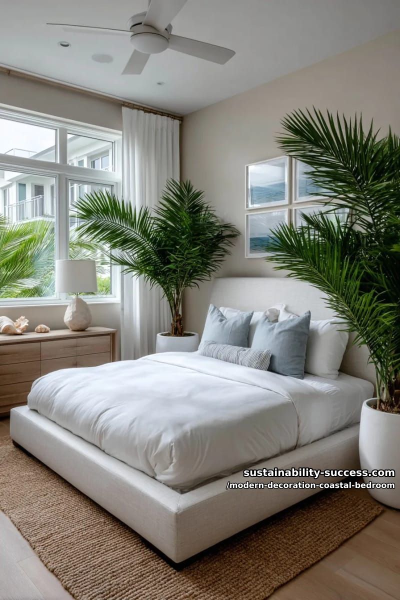 place oversized leafy plants in white ceramic pots by the bed. 1