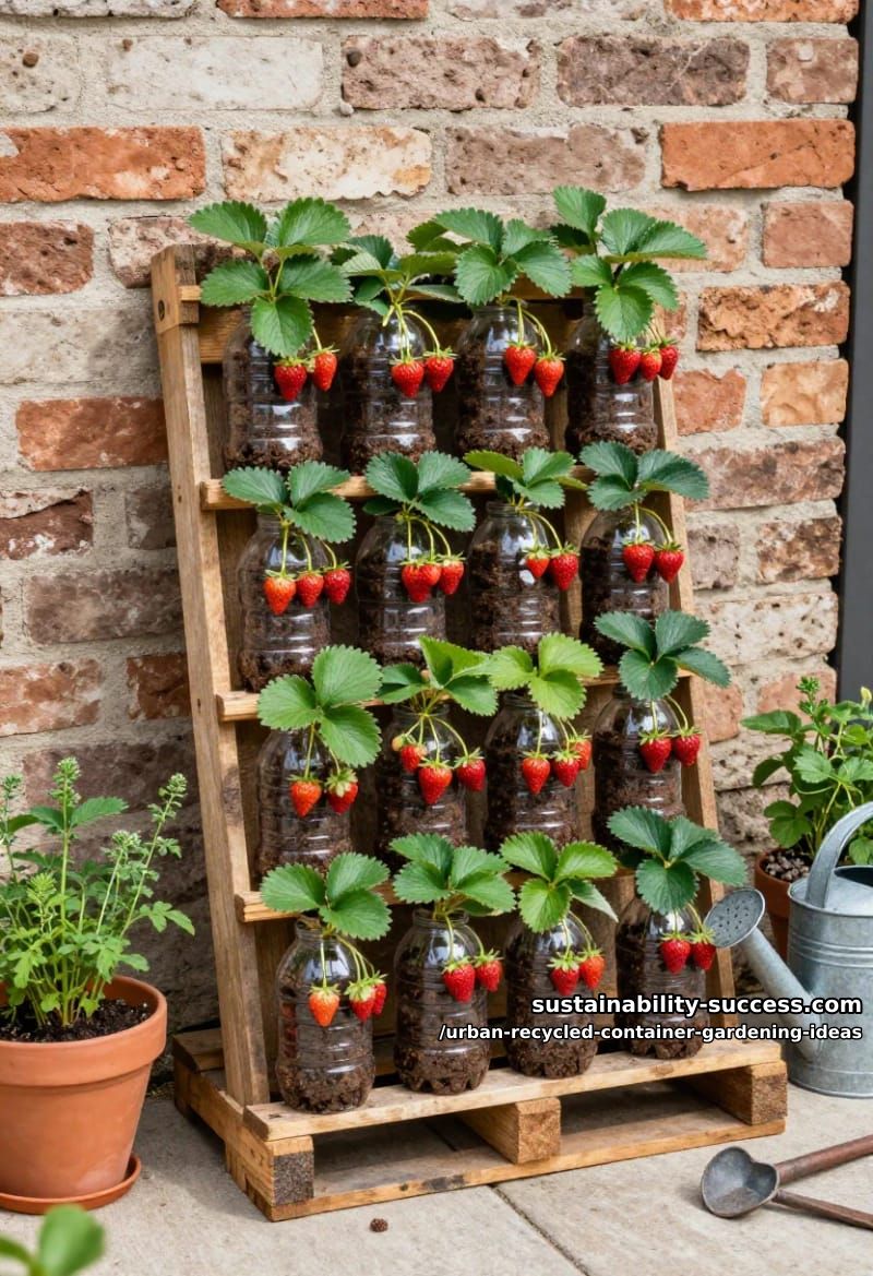 plastic bottle vertical strawberry patch on a wooden pallet 1