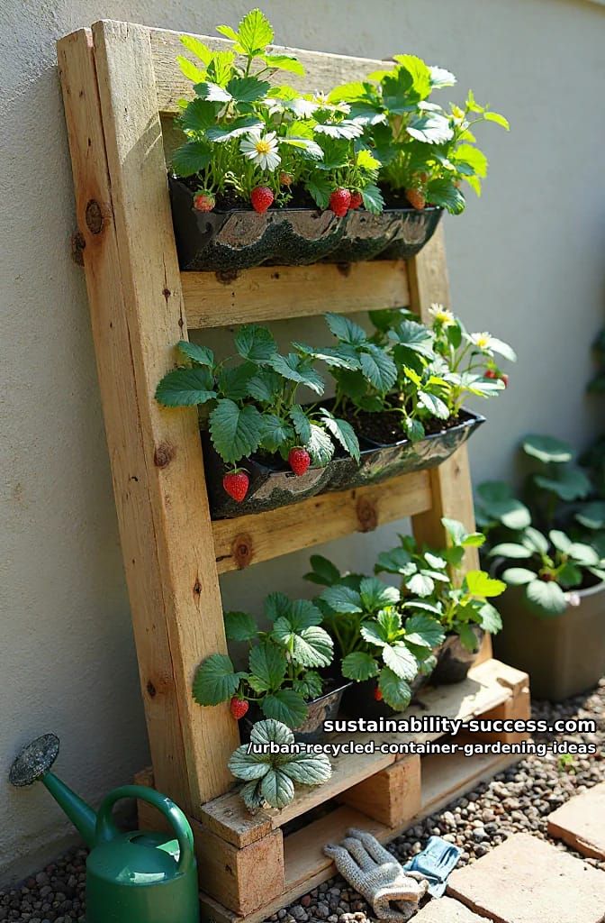 plastic bottle vertical strawberry patch on a wooden pallet 1