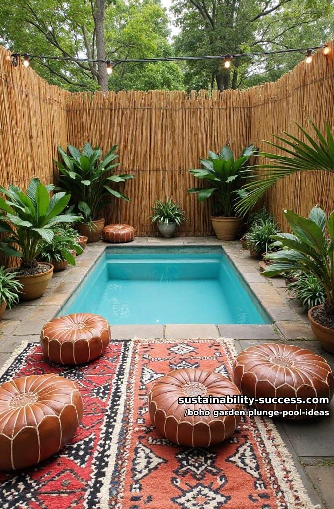 plunge pool with bamboo fencing, tribal print rugs, and moroccan poufs 7
