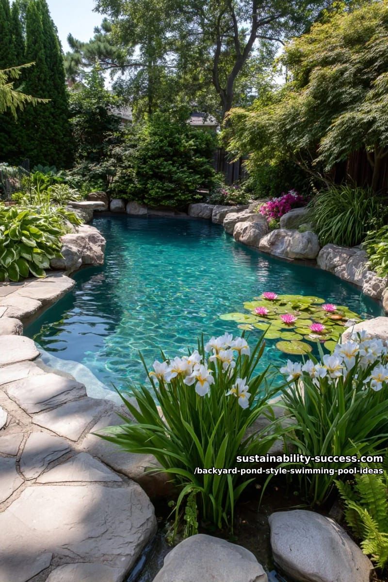 pond-style swimming pool with floating lily pads and water irises for a true pond look 1