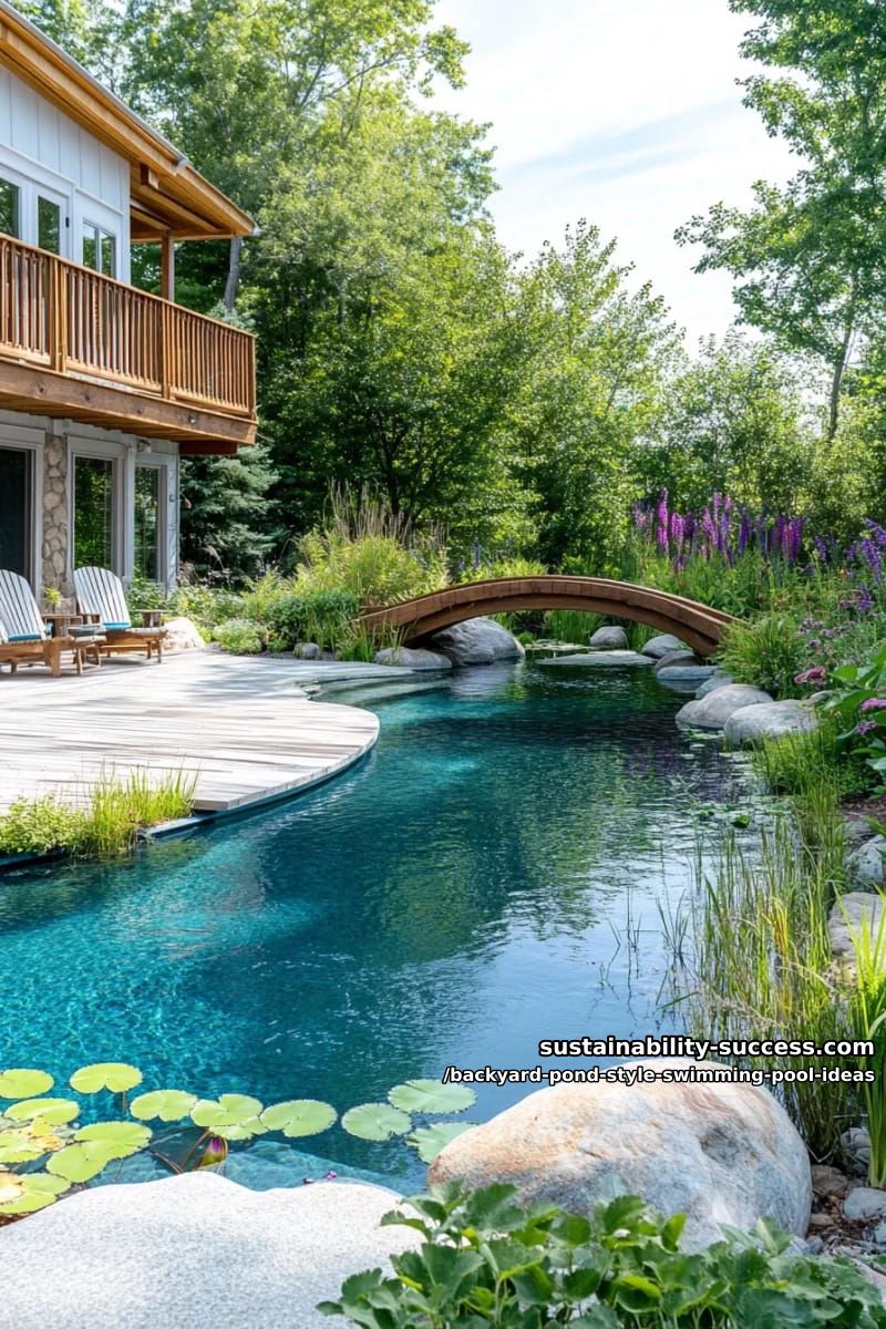 pond swimming pool with a wooden bridge crossing over crystal-clear pond-inspired water 1
