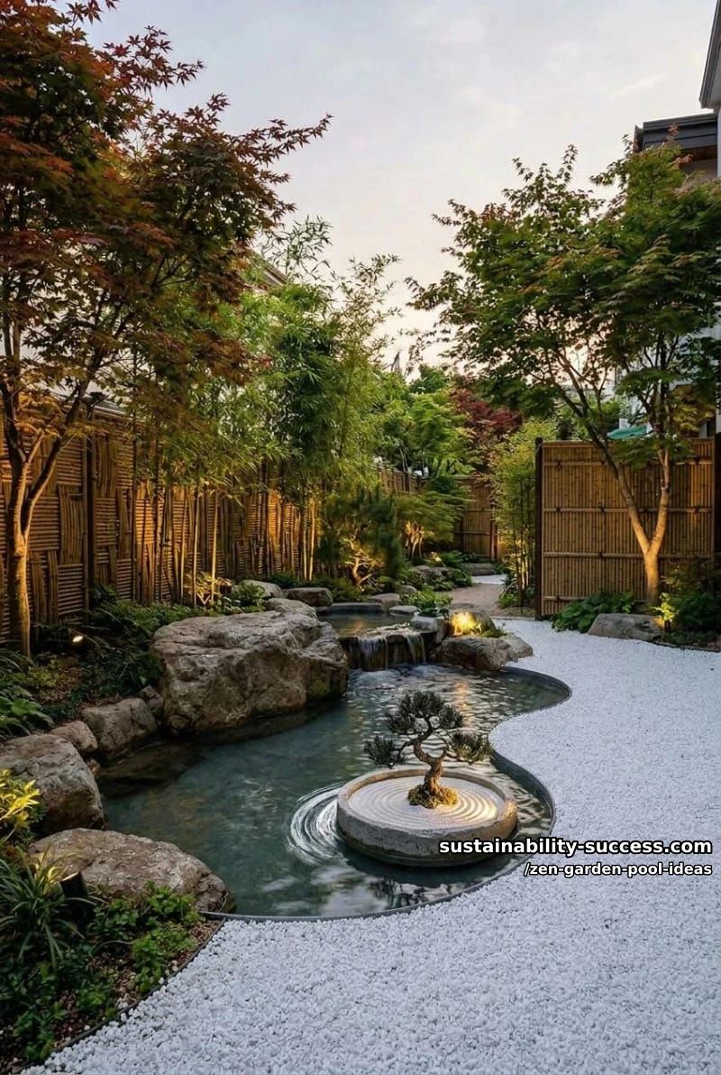 pool featuring calming waterfall, sand garden islands, and subtle uplighting 1