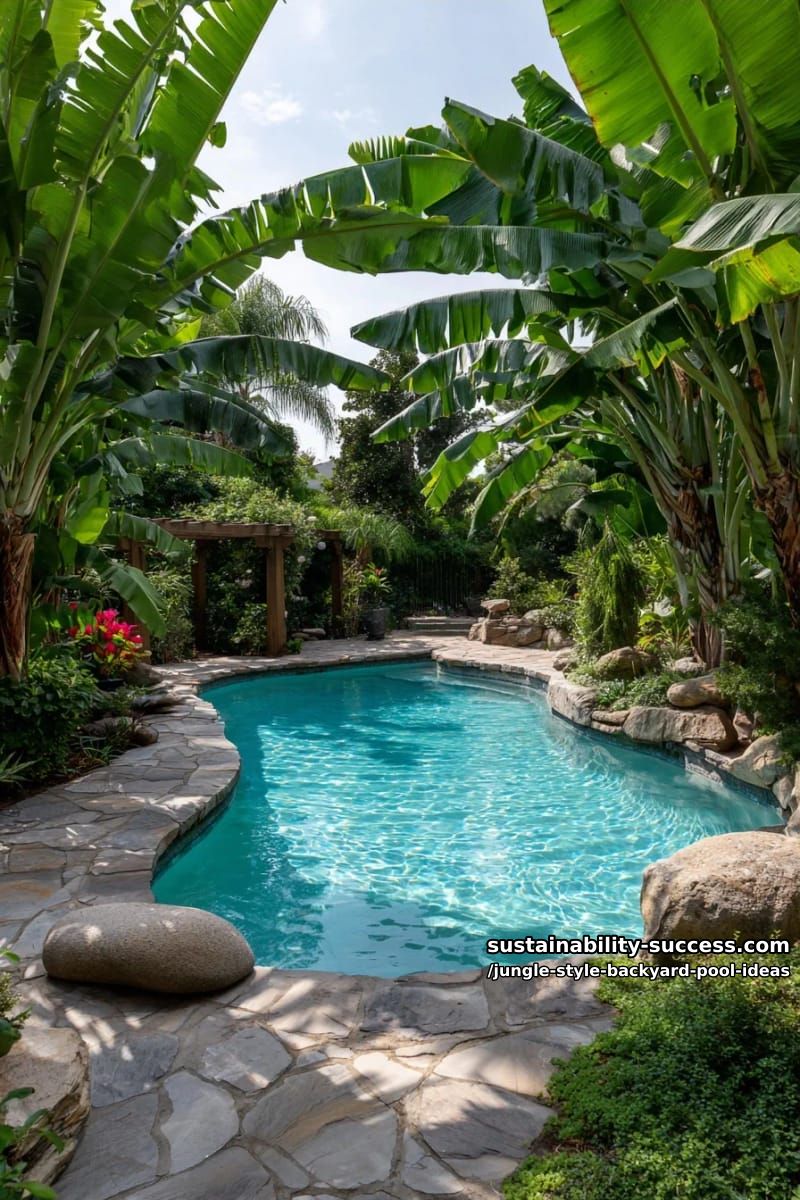 pool surrounded by dense banana leaves and trailing vines 1